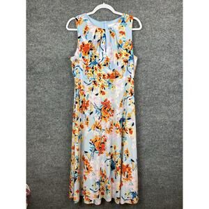 London Times Women's Floral-Print Pleated Keyhole-Neck Midi Dress (Blue, 14)